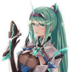 Rule 34 | 1girl, breasts, bug, butterfly, butterfly on hand, chest jewel, earrings, gloves, green eyes, green hair, highres, insect, jewelry, large breasts, long hair, pneuma (xenoblade), ponytail, sarasadou dan, sideways mouth, solo, spoilers, swept bangs, tiara, upper body, xenoblade chronicles (series), xenoblade chronicles 2