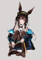 Rule 34 | 1girl, a shui, absurdres, amiya (arknights), animal ears, arknights, bare shoulders, black hat, black jacket, black pantyhose, blue eyes, blue nails, brown hair, commentary, convenient leg, dated, dorsiflexion, feet, full body, grey background, hat, highres, holding, holding ribbon, jacket, jewelry, knees up, long hair, long sleeves, looking at viewer, multiple rings, neck ring, no shoes, off shoulder, open clothes, open jacket, pantyhose, parted lips, peaked cap, rabbit ears, rabbit girl, ribbon, ring, shirt, signature, simple background, sleeveless, sleeveless shirt, soles, solo, thighlet, thumb ring