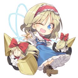 Rule 34 | 1girl, ;d, alice margatroid, blonde hair, blue dress, blue eyes, blush, boots, bow, capelet, chibi, cross-laced footwear, dress, full body, hair bow, hairband, jewelry, lolita hairband, one eye closed, open mouth, polearm, ring, satou kibi, shanghai doll, shield, simple background, smile, spear, touhou, weapon, white background, | |