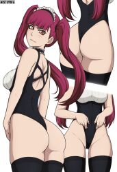 Rule 34 | 1girl, ass, bell, black leotard, black nails, black thighhighs, bleach, blush, breasts, choker, cleavage, closed mouth, collarbone, covered navel, curvy, dokugamine riruka, frilled choker, frilled leotard, frills, frontal wedgie, highleg, highleg leotard, highres, huge ass, large breasts, leotard, leotard pull, light blush, long hair, looking at viewer, looking back, maid headdress, mistowing, multiple views, nail polish, neck bell, orange eyes, partially visible vulva, phone, purple hair, simple background, skindentation, smile, solo, standing, thighhighs, tsundere, twintails, very long hair, wedgie, white background, wide hips