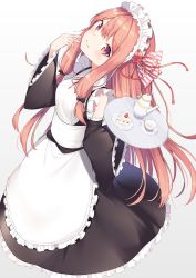 Rule 34 | 1girl, apron, bare shoulders, black bow, black dress, blush, bow, cake, closed mouth, cup, detached sleeves, dress, fingernails, food, frilled apron, frilled dress, frilled sleeves, frills, fruit, gradient background, hair bow, head tilt, highres, holding, kotonoha akane, long hair, long sleeves, looking at viewer, maid, maid apron, maid headdress, napkin, pink eyes, pink hair, plate, saucer, smile, solo, straight hair, strawberry, teacup, teapot, very long hair, voiceroid, wa maid, waist apron, white apron, wide sleeves, yukarite