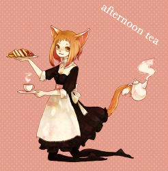 Rule 34 | 1girl, animal ears, black pantyhose, brown hair, cat, cat ears, cat tail, clona, commentary request, cup, english text, food, holding, holding with tail, kneeling, light smile, looking at viewer, maid, original, pantyhose, pink background, plate, polka dot, polka dot background, prehensile tail, short sleeves, sidelocks, solo, steam, sweets, tail, tea, teacup, teapot