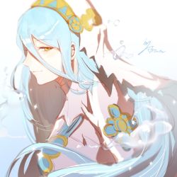 Rule 34 | 1girl, aramu, azura (fire emblem), blue hair, closed mouth, commentary, detached collar, detached sleeves, dress, fire emblem, fire emblem fates, from side, hydrokinesis, long hair, looking at viewer, nintendo, profile, sidelocks, signature, sleeveless, sleeveless dress, smile, solo, straight hair, strapless, strapless dress, veil, very long hair, water, white dress, yellow eyes