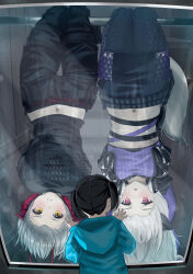 3girls absurdres animal_ears arknights black_pants frostleaf_(arknights) frostleaf_(breaking_the_ice)_(arknights) highres multiple_girls pants purple_vest red_eyes restrained seirein_(seireinnnn) upside-down vest w_(arknights) white_hair yellow_eyes