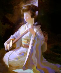 Rule 34 | 1girl, brown hair, chiaroscuro, closed eyes, closed mouth, dark background, expressionless, faux traditional media, full body, hair bun, highres, holding, holding instrument, instrument, japanese clothes, kimono, long hair, long sleeves, music, obi, original, painterly, playing instrument, print kimono, sash, seiza, short hair, sitting, solo, wide sleeves, yuming li