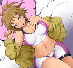 Rule 34 | 10s, 1girl, bike shorts, blue eyes, blush, breasts, brown hair, cleavage, gundam, gundam build fighters, gundam build fighters try, hoshino fumina, jacket, large breasts, looking at viewer, lying, midriff, nac000, navel, open clothes, open jacket, open mouth, ponytail, scrunchie, shiny skin, short hair, skin tight, solo, sports bra, thick thighs, thigh gap, thighs, two-tone sports bra, wide hips