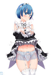Rule 34 | 10s, 1girl, absurdres, amego, artist logo, bad id, bad pixiv id, black dress, black ribbon, blue eyes, blue garter belt, blue hair, blue panties, blush, breasts, cleavage, closed mouth, clothes lift, cowboy shot, dated, detached sleeves, dress, dress lift, frilled dress, frilled garter belt, frills, frown, groin, hair ornament, hair over one eye, head tilt, highres, lace, lace-trimmed legwear, lace trim, lifted by self, looking at viewer, maid, maid headdress, medium breasts, navel, neck ribbon, panties, purple ribbon, re:zero kara hajimeru isekai seikatsu, rem (re:zero), ribbon, ribbon-trimmed clothes, ribbon trim, short dress, short hair, simple background, solo, standing, string panties, thighhighs, thighs, underwear, white background, white thighhighs, x hair ornament