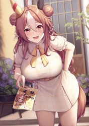 Rule 34 | 1girl, :d, absurdres, ahoge, animal ears, belt, breasts, brown hair, commentary request, copano rickey (umamusume), double bun, dress, fang, flower, hair bun, hair ribbon, highres, holding, holding flyer, horse ears, horse girl, horse tail, kannko bokujou, large breasts, leaning forward, long hair, multicolored hair, open mouth, outdoors, red eyes, ribbon, short sleeves, skin fang, smile, solo, standing, streaked hair, tail, tree, two-tone hair, umamusume, white dress, white hair, window