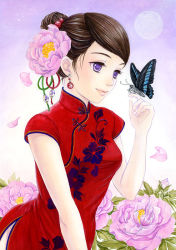 Rule 34 | 1girl, bad id, bad pixiv id, breasts, brown hair, bug, butterfly, butterfly on hand, china dress, chinese clothes, dress, earrings, eyelashes, face, flower, full moon, hair bun, hair ornament, insect, jewelry, medium breasts, moon, original, plant, plum blossoms, purple background, purple eyes, side slit, single hair bun, smile, solo, swept bangs, toyoda izumi