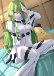 Rule 34 | 1girl, absurdres, arm up, bed sheet, breasts, budgiepon, c.c., cheese-kun, closed mouth, code geass, green hair, highres, index finger raised, indoors, jumpsuit, long hair, looking at viewer, medium breasts, pillow, shadow, sitting, smile, solo, sunlight, taut clothes, white jumpsuit, wide sleeves, wooden wall, yellow eyes