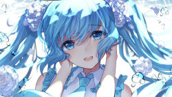 Rule 34 | 1girl, :d, air bubble, aqua eyes, aqua hair, aqua necktie, bison cangshu, bubble, colored eyelashes, flower, hair flower, hair ornament, hands on own cheeks, hands on own face, hatsune miku, highres, long hair, looking at viewer, necktie, open mouth, smile, solo, teeth, twintails, underwater, upper body, very long hair, vocaloid, wallpaper, white flower
