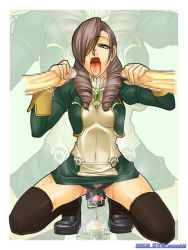 Rule 34 | 1girl, aozoraichi, black thighhighs, capcom, censored, clothes pull, daniella, demento, dildo, disembodied penis, double handjob, dress, dress pull, drill hair, green eyes, hair over one eye, handjob, homunculus, maid, no panties, object insertion, open mouth, penis, purple hair, pussy juice, sex toy, squatting, strap, sweat, thighhighs, tongue