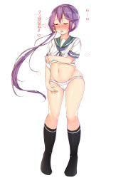 Rule 34 | 10s, 1girl, absurdres, akebono (kancolle), bell, closed eyes, flower, hair bell, hair flower, hair ornament, highres, kantai collection, long hair, navel, no pants, panties, pikacchi, purple hair, school uniform, serafuku, short sleeves, side ponytail, simple background, sketch, solo, translation request, underwear, very long hair, white background, white panties