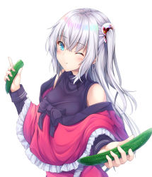 Rule 34 | 1girl, bare shoulders, blue eyes, breasts, chewing, cucumber, dress, frills, hair bobbles, hair ornament, highres, long hair, mystic square, one eye closed, one side up, red dress, ribbon, shinki (touhou), shirt under dress, silver hair, simple background, solo, touhou, touhou (pc-98), yanagi no ki