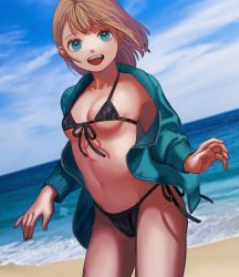 Rule 34 | 1girl, :d, absurdres, beach, bikini, black bikini, blue eyes, blue jacket, blurry, blush, breasts, brown hair, contrapposto, cowboy shot, day, depth of field, dutch angle, front-tie bikini top, front-tie top, highres, horizon, jacket, looking at viewer, navel, ocean, open clothes, open jacket, open mouth, original, outdoors, side-tie bikini bottom, signature, small breasts, smile, solo, standing, string bikini, swimsuit, track jacket, tsukino miyako, underboob, unzipped
