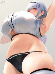 Rule 34 | 1girl, armpits, arms up, azur lane, belly, black panties, breasts, commentary request, dated, dido (azur lane), grey background, highres, large breasts, long hair, midriff, navel, okki (studio okki), panties, pink eyes, signature, silver hair, simple background, skindentation, solo, sweatdrop, thick thighs, thighhighs, thighs, underboob, underwear, white thighhighs
