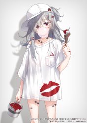 Rule 34 | 1girl, bandaid, bandaid on leg, baseball cap, blowing bubbles, chewing gum, hair ornament, hairclip, hat, highres, long hair, looking at viewer, melonbooks, original, paint can, paintbrush, red eyes, silver hair, solo, virtual youtuber, white background, yaki mayu