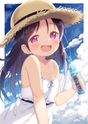 Rule 34 | 1girl, :d, bare shoulders, black hair, blush, bottle, brown hat, collarbone, day, dress, hat, holding, holding bottle, long hair, looking at viewer, muku (muku-coffee), open mouth, original, parted bangs, purple eyes, ramune, ribbon-trimmed dress, sleeveless, sleeveless dress, smile, solo, straw hat, sweat, upper body, very long hair, white dress