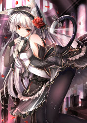 Rule 34 | 1girl, animal ears, bare shoulders, black bow, black pantyhose, blush, bow, cat ears, cat tail, closed mouth, flower, grey hair, haguruma c, highres, long hair, looking at viewer, original, pantyhose, red eyes, red flower, red rose, rose, sleeveless, smile, solo, tail, tail bow, tail ornament