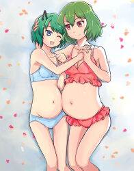 Rule 34 | 2girls, antenna hair, armpits, belly-to-belly, big belly, blue bra, blue eyes, blue panties, bra, breasts, cleavage, commission, frilled bra, frilled panties, frills, green hair, hair between eyes, hand on another&#039;s head, highres, interlocked fingers, kazami yuuka, large breasts, legs together, medium breasts, multiple girls, mutou youshun, navel, one eye closed, open mouth, panties, petals, pregnant, red bra, red eyes, red panties, short hair, skeb commission, smile, standing, stomach, thigh gap, thighs, touhou, underwear, underwear only, wriggle nightbug, yuri