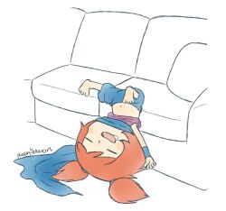 Rule 34 | 1girl, ana (warioware), armband, blue armband, blue jumpsuit, blue pants, blunt bangs, blush, closed eyes, commentary, couch, drooling, english commentary, highres, jumpsuit, long hair, lying, messy sleeper, mixed-language commentary, mouth drool, ninja, nintendo, on back, open mouth, orange hair, pants, pink hair, plushietoon, purple shirt, scarf, shirt, signature, sleeping, smile, solo, warioware