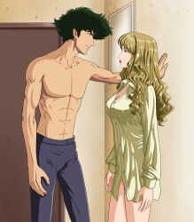 Rule 34 | 1boy, 1girl, absurdres, blonde hair, blue eyes, breasts, brown eyes, cleavage, commission, couple, cowboy bebop, cropped, green eyes, hetero, highres, julia (cowboy bebop), kabedon, large breasts, naked shirt, nekro-comix, resolution mismatch, second-party source, shirt, source larger, spike spiegel, topless male