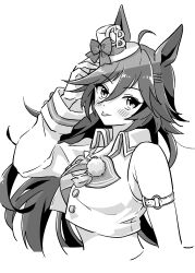 Rule 34 | 1girl, adjusting clothes, adjusting headwear, ahoge, animal ears, armband, blush, breasts, closed mouth, crop top, cropped jacket, greyscale, hair between eyes, hair ornament, hairclip, hat, highres, horse ears, jacket, kamaboco (kayada), long hair, looking at viewer, midriff, mini hat, mini top hat, monochrome, mr. c.b. (umamusume), open clothes, open jacket, shirt, single sleeve, sleeveless, sleeveless shirt, small breasts, solo, tongue, tongue out, top hat, umamusume, upper body