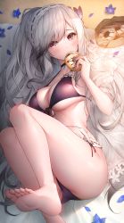Rule 34 | 1girl, ass, azur lane, bare legs, barefoot, beach towel, bikini, black choker, blue butterfly, blue flower, blue gemstone, blush, breasts, bug, butterfly, choker, cleavage, commentary request, covered mouth, doughnut, dunkerque (azur lane), dunkerque (summer sucre) (azur lane), eating, feet, flower, food, foot out of frame, frilled bikini, frills, front-tie bikini top, front-tie top, gem, grey hair, hair between eyes, hairband, halterneck, hand on own stomach, hand up, highres, holding, holding food, insect, large breasts, long hair, looking at viewer, lying, official alternate costume, on back, oyuwari, petals, purple bikini, red eyes, sand, see-through, soles, solo, string bikini, swimsuit, swimsuit cover-up, thighs, toes, towel, very long hair, white hairband