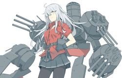 Rule 34 | 1girl, ahoge, anchor, arm at side, bad id, bad tumblr id, bangle, belt, between breasts, black gloves, black pantyhose, black skirt, bracelet, breasts, cannon, collared shirt, cowboy shot, gangut (kancolle), gloves, hair between eyes, hand on own hip, head tilt, jewelry, kantai collection, long hair, looking at viewer, machinery, medium breasts, miniskirt, ninimo nimo, pantyhose, pleated skirt, red shirt, rigging, scar, scar on face, shirt, short sleeves, silver hair, simple background, skirt, solo, standing, turret, white background, wing collar, yellow eyes