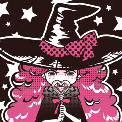 Rule 34 | 1girl, black robe, bow, covering own mouth, earrings, eyelashes, hat, hat bow, holding, holding wand, jewelry, long hair, original, pink hair, pink no zou, robe, solo, star (symbol), star in eye, symbol in eye, very long hair, wand, witch, witch hat