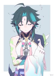 Rule 34 | 1boy, aqua hair, arm tattoo, bead necklace, beads, black hair, closed eyes, closed mouth, crossed arms, detached sleeves, facial mark, forehead mark, genshin impact, gradient hair, highres, homare (g hmr88), jewelry, male focus, multicolored hair, necklace, signature, simple background, single detached sleeve, solo, spikes, tassel, tattoo, two-tone background, upper body, xiao (genshin impact)