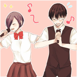 Rule 34 | 1boy, 1girl, bad id, bad pixiv id, black hair, black vest, blush, border, bow, brown skirt, closed eyes, collared shirt, commentary request, flying sweatdrops, hair over one eye, highres, holding, holding microphone, kaneki ken, karaoke, kirishima touka, microphone, music, musical note, open mouth, outline, red bow, red neckwear, shirt, short hair, short sleeves, simple background, singing, skirt, teeth, tokyo ghoul, toukaairab, vest, white border, white outline, white shirt