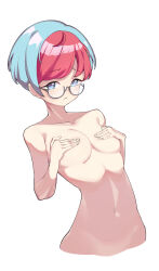 Rule 34 | 1girl, absurdres, blue eyes, blue hair, breasts, covering nipples, covering privates, creatures (company), cropped torso, game freak, glasses, highres, light blue hair, looking at viewer, medium breasts, multicolored hair, navel, nintendo, nonoro (potato461), nude, penny (pokemon), pink hair, pokemon, pokemon sv, round eyewear, semi-rimless eyewear, short hair, simple background, solo, stomach, two-tone hair, under-rim eyewear, white background