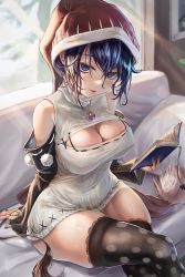 Rule 34 | 1girl, adapted costume, black thighhighs, blue eyes, blue hair, blush, book, bookmark, breasts, cleavage, couch, covered erect nipples, covered navel, cushion, detached sleeves, doremy sweet, dress, fingernails, hair between eyes, haruno (kuromitugozen), hat, heart, heart-shaped pupils, highres, holding, holding book, jewelry, large breasts, light rays, lips, lock, long hair, long sleeves, looking at viewer, nail polish, necklace, parted lips, polka dot, pom pom (clothes), purple nails, red hat, santa hat, shiny skin, short dress, sitting, solo, sunbeam, sunlight, symbol-shaped pupils, tail, tapir tail, thick thighs, thighhighs, thighs, touhou, turtleneck, white dress, window