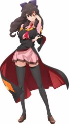 Rule 34 | 1girl, absurdres, artist request, arue (konosuba), black cloak, black hair, black thighhighs, bow, breasts, brown footwear, cloak, covering one eye, diagonal-striped clothes, diagonal-striped necktie, dress, drill hair, eyepatch, floating clothes, full body, hair between eyes, hair bow, head tilt, highres, kono subarashii sekai ni bakuen wo!, kono subarashii sekai ni shukufuku wo!, large breasts, loafers, long hair, looking at viewer, necktie, official art, orange necktie, parted lips, pink dress, promotional art, purple bow, red cloak, red eyes, red necktie, red prison magic school uniform, red pupils, school uniform, shoes, short dress, side drill, simple background, smile, solo, standing, striped clothes, tachi-e, thighhighs, third-party source, two-sided fabric, two-tone cloak, white background, wide sleeves, zettai ryouiki