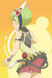 Rule 34 | 10s, 1girl, android, ass, bike shorts, black hair, blush, breasts, dimension w, green eyes, green hair, headgear, looking back, matching hair/eyes, multicolored hair, open mouth, short hair, sideboob, small breasts, solo, tail, two-tone hair, yurizaki mira