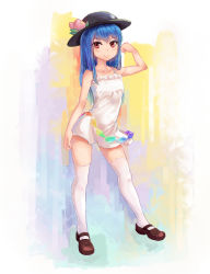 Rule 34 | 1girl, absurdres, bare arms, bare shoulders, blue hair, breasts, child, collarbone, colored eyelashes, contrapposto, dress, full body, hat, highres, hinanawi tenshi, long hair, mary janes, microdress, mofashi beibei, red eyes, shoes, sleeveless, sleeveless dress, small breasts, smile, solo, standing, thighhighs, touhou, white dress, white thighhighs