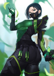 Rule 34 | 1girl, absurdres, animification, ass, black footwear, black hair, blurry, blurry background, bodysuit, breasts, covered mouth, green eyes, hand up, highres, kagematsuri, large breasts, looking at viewer, short hair, solo, thighhighs, valorant, viper (valorant)