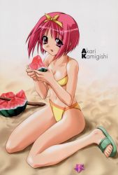 Rule 34 | 1girl, beach, bikini, bow, food, fruit, highres, holding, holding food, holding fruit, kamigishi akari, red eyes, red hair, sandals, solo, swimsuit, to heart, to heart (series), toes, watermelon, yellow bikini