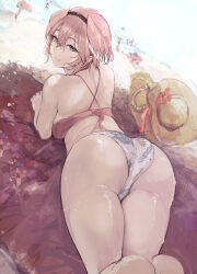 Rule 34 | 1girl, absurdres, ass, beach, bikini, blue eyes, commentary, commentary request, from above, from behind, hair between eyes, hair wings, head wings, highres, hololive, looking at viewer, looking back, lying, on stomach, pink hair, short hair, smile, solo, swimsuit, takane lui, torn flipper, virtual youtuber, wings