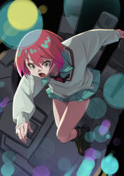 1girl amate_yuzuriha boots fu-ta gquuuuuux green_eyes gundam highres medium_hair necktie open_mouth pink_hair pleated_skirt shirt skirt socks sweat