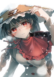 Rule 34 | 1girl, absurdres, adjusting clothes, adjusting headwear, black hair, blush, braid, breasts, brown hat, buttons, capelet, commentary request, dress, frilled capelet, frilled hat, frills, grey dress, hat, highres, juliet sleeves, kinese (katasutorohu), long hair, long sleeves, medium breasts, parted lips, puffy sleeves, red capelet, red eyes, simple background, snow on headwear, snowing, solo, touhou, twin braids, upper body, very long hair, white background, yatadera narumi