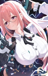 1girl absurdres armor band_(skymole01) black_gloves black_skirt blush breasts dress_shirt glasses gloves hair_between_eyes high-waist_skirt highres holding holding_weapon large_breasts lightning long_hair looking_to_the_side pencil_skirt pink_eyes pink_hair shirt shoulder_armor sidelocks skirt solo tsukishiro_yanagi upper_body weapon white_shirt zenless_zone_zero