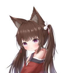 Rule 34 | 1girl, :&lt;, absurdres, amagi-chan (azur lane), animal ears, armpit peek, azur lane, blunt bangs, brown hair, commentary request, fox ears, from side, highres, japanese clothes, kimono, long hair, looking at viewer, looking to the side, meng mian, off shoulder, purple eyes, rope, shimenawa, sidelocks, simple background, solo, twintails, white background