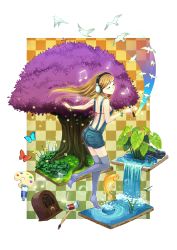 Rule 34 | 1girl, art brush, bird, black thighhighs, bug, butterfly, checkered background, dragonfly, closed eyes, fish, flower, headphones, highres, insect, kuya-chan, musical note, oekaki musume, original, paint, paintbrush, palette (object), radio, shorts, solo, suspenders, thighhighs, tree, water, waterfall