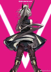 Rule 34 | 1girl, back, black skirt, clothing cutout, crossed arms, from behind, from below, gohanduck, grey hair, highres, nanami: pulse (punishing: gray raven), nanami (punishing: gray raven), panties, pantyshot, ponytail, punishing: gray raven, purple background, shoulder cutout, skirt, solo, underwear, upper body, v