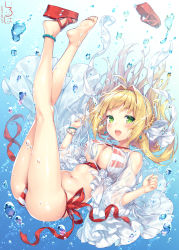Rule 34 | 1girl, :d, ahoge, air bubble, artist name, ass, bad id, bad pixiv id, barefoot, bikini, blonde hair, blush, bracelet, braid, breasts, bubble, cleavage, closed mouth, criss-cross halter, dated, earrings, fate/grand order, fate (series), feet, front-tie top, full body, green eyes, hair intakes, halterneck, highres, jewelry, kirisame iroha, large breasts, legs up, long hair, navel, nero claudius (fate), nero claudius (fate) (all), nero claudius (fate/extra), nero claudius (swimsuit caster) (fate), nero claudius (swimsuit caster) (third ascension) (fate), open mouth, sandals, see-through, shoes, side-tie bikini bottom, single sandal, single shoe, smile, soles, solo, striped bikini, striped clothes, swimsuit, toes, underboob, underwater, unworn shoes
