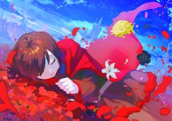 Rule 34 | 1girl, absurdres, black flower, brown hair, cape, closed eyes, day, dutch angle, flower, highres, hikari50503, lily (flower), lying, on side, pantyhose, petals, red cape, rose, rose petals, ruby rose, rwby, sleeping, solo, solo focus, white flower, yellow flower