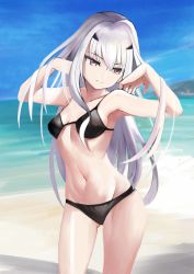 Rule 34 | 1girl, absurdres, armpits, bare shoulders, beach, bikini, black bikini, blue sky, breasts, brown eyes, collarbone, melusine (fate), fate/grand order, fate (series), forked eyebrows, hands up, highres, long hair, looking to the side, navel, ocean, shore, sidelocks, sky, small breasts, solo, swimsuit, thighs, white hair, xiuzhfu