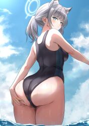 Rule 34 | 1girl, animal ear fluff, animal ears, ass, ass grab, awnw, black one-piece swimsuit, blue archive, blue eyes, blue sky, blush, breasts, cloud, competition swimsuit, day, ear piercing, extra ears, from behind, from below, grabbing own ass, grey hair, halo, highleg, highleg swimsuit, highres, long hair, looking at viewer, looking back, medium breasts, ocean, official alternate costume, one-piece swimsuit, outdoors, parted lips, piercing, ponytail, shiroko (blue archive), shiroko (swimsuit) (blue archive), sky, solo, swimsuit, two-tone swimsuit, wading, wet, wolf ears